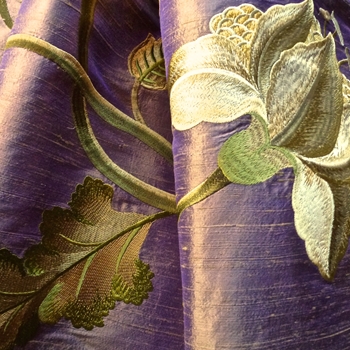 Silk Embroidered - Magnolia Violet Bronze - 100% Silk Dupioni, 54in, Repeat 30V x 25H, Dry Clean Only, Do not expose to sunlight.