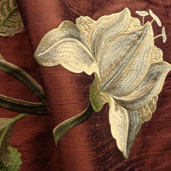 Silk Embroidered - Magnolia Rust Bronze - 100% Silk Shantung, 54in, Repeat 30V x 25H, Dry Clean Only, Do not expose to sunlight.