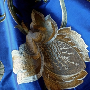 Silk Embroidered - Magnolia Cobalt Bronze - 100% Silk Shantung, 54in, Repeat 30V x 25H, Dry Clean Only, Do not expose to sunlight.