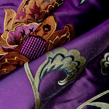 *Silk Embroidered - Suzanna Purple Tangerine - 100% Silk Shantung, 54in, Repeat 30V x 25H, Dry Clean Only, Do not expose to sunlight.