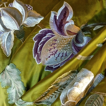 Silk Embroidered - Magnolia Citron Amethyst - 100% Silk Shantung, 54in, Repeat 30V x 25H, Dry Clean Only, Do not expose to sunlight.