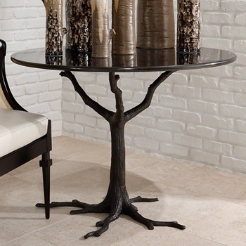 Dining Table - Faux Bois Black 42RND/29H - Black Granite Stone Top, Cast Metal Base