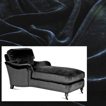 Robin Bruce - Brooke Chaise Black 68W/33D/35H. 100% Polyester Velvet, 70K DR,  GR CC, Antique Black Turned Legs, Antique Brass Castors.