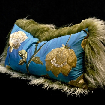 Tibet Fur Olive with Magnolia Azure Bronze Silk Reverse Cushion 24W/12H