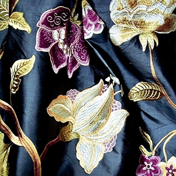 Silk Embroidered - Magnolia Steel Amethyst - 100% Silk Dupioni, 54in, Repeat 30V x 25H, Dry Clean Only, Do not expose to sunlight.