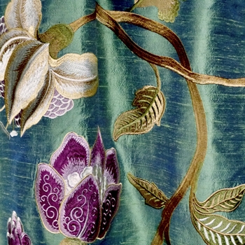 *Silk Embroidered - Magnolia Sage Amethyst - 100% Silk Dupioni, 54in, Repeat 30V x 25H, Dry Clean Only, Do not expose to sunlight.