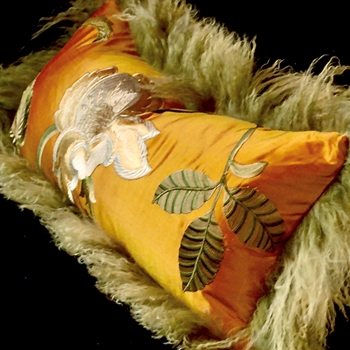 Tibet Fur Olive with Magnolia Shantung Saffron Bronze Embroidered Silk Reverse Cushion 24W/12H