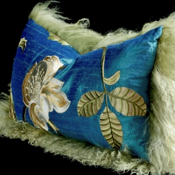 Tibet Fur Olive with Verde Silk Dupioni Embroidered Magnolia Bronze Reverse Cushion 24W/12H