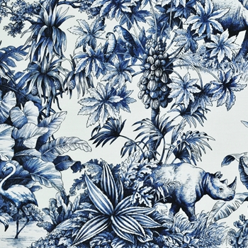 Print - Jardin Animalier Toile Indigo Delft, 54in, 24K DR, 100% Cotton, Stain Repellant, 27in Vert x 27in Hor Repeat.