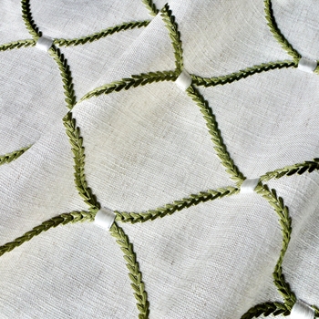 Embroidered Linen Blend - Deane Fern Green - 54in, 70% Rayon, 30% Linen, Repeat 4.25H x 6.5V