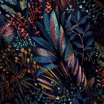 *Embroidered Poly Cotton Blend - Amazonia Multi Teal - 54in, 73% Poly, 27% Cotton, Rayon Embroidery Repeat 26H x 18V,  Dry Clean Only