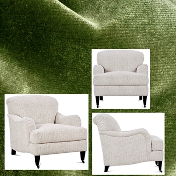 Robin Bruce Brampton Armchair Peridot 33W/40D/34H - 100% Polyester Velvet, 100K DR, GR CC, Antique Black Tapered Legs, Brass Castors.