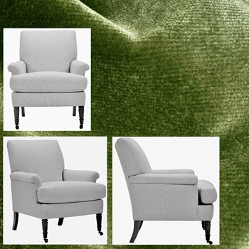 Robin Bruce Hannah Armchair Peridot Velvet 31W/36D/36H - 100% Polyester 100K DR Velvet Grade CC,  Antique Black Turned Legs, Brass castors.