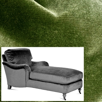 Robin Bruce - Brooke Chaise Peridot 68W/33D/35H. 100% Polyester Velvet, 100K DR,  Grade CC. Antique Black Turned Legs, Antique Brass Castors.