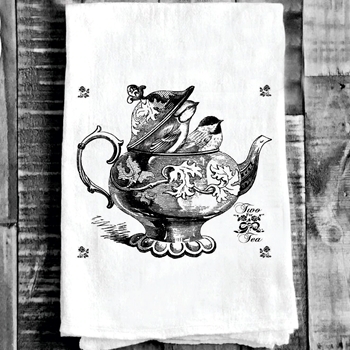 Tea Towel - Teapot Birds Flour Sack 27in SQ
