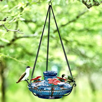 Hummingbird Feeder - Bloom Perch Aqua - 8in 16oz Hand Blown Recycled Glass