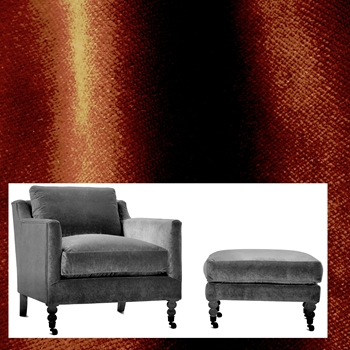 Robin Bruce Madeline Armchair Rust Velvet 33W/36D/32H - 100% Polyester 70K DR, Grade CC, Black Nickel Nails, Pewter Castors, Antique Black Leg finish.