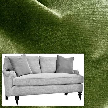 Robin Bruce - Brooke Sofa Peridot 78W/37D/35H Bench Seat. 100% Polyester Velvet GR CC, 100K DR, Antique Black turned Legs, Antique Brass Castors.