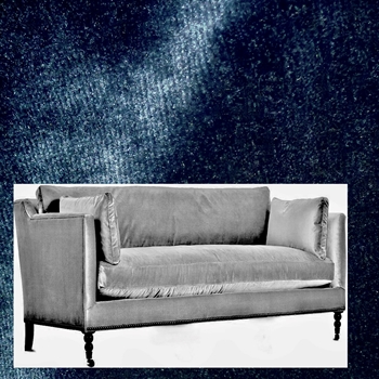 Robin Bruce Madeline Sofa Indigo Velvet 71W/40D/34H - 100% Polyester Velvet, 100K DR, Antique Black Turned Legs, Black Nickel Nails, Pewter Castors