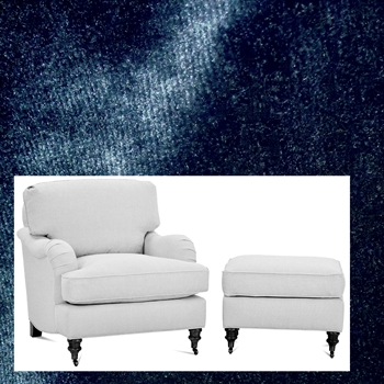 *Robin Bruce - Brooke Armchair Indigo 31W/37D/35H. 100 % Polyester Velvet, 100K DR, Grade CC, Antique Black Turned Legs, Antique Brass Castors.