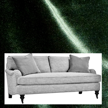 Robin Bruce - Brooke Sofa Emerald 86W/37D/35H Bench Seat. 100% Polyester Velvet GR CC, 100K DR, Antique Black turned Legs, Antique Brass Castors.