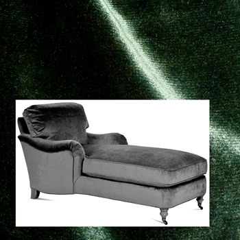 Robin Bruce - Brooke Chaise Emerald 68W/33D/35H. 100% Polyester Velvet, 100K DR,  Grade CC. Antique Black Turned Legs, Antique Brass Castors.