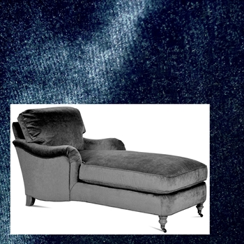 Robin Bruce - Brooke Chaise Indigo 68W/33D/35H. 100% Polyester Velvet, 100K DR,  Grade CC. Antique Black Turned Legs, Antique Brass Castors.