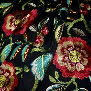 Embroidery - Folk Song Raspberry Black - 51in Wide, 15K DR, 100% Viscose Embroidery,  Base Cloth 14% Cotton, 43% Polyester, 43% Viscose 17in Hor, 18in Vert