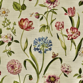 Print - Floral - Escape to Eden Eden Parchment Coral - 54in,  25K DR, 100% Cotton, 27in Vertical, 27Hor  Repeat,