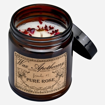 Wax Apothecary - Amber Glass Lidded 3x3.5 inch Jar Pure Rose Candle 6OZ 35HR - Coconut Wax, Essential Oil & Dried Flora