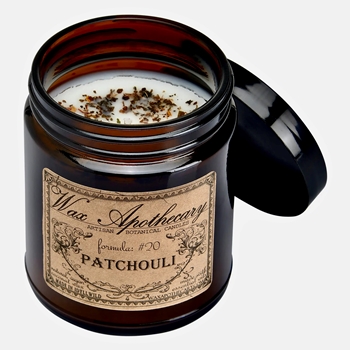 Wax Apothecary - Amber Glass Lidded 3x3.5 inch Jar Patchouli Candle 6OZ 35HR - Coconut Wax, Essential Oil & Dried Flora