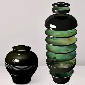 Table Service Set Stacking Urn - Yuan Black Teal 8pc - Melamine Hand Wash