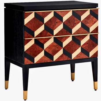 *Chest - Sergio 30W/19D/32H 2 Drawer - Chestnut Burl Veneer, Brass, Mahogany, Elm