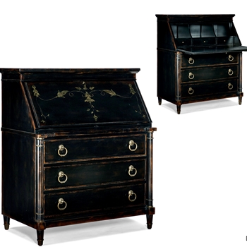 Desk - Charleston Secretary 3 Drawers Ebony Gild Chinoiserie 40x23x46h