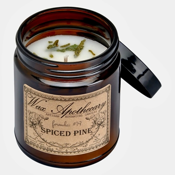 Wax Apothecary - Amber Glass Lidded 3x3.5 inch Jar Spiced Pine Candle 6OZ 35HR - Coconut Wax, Essential Oil & Dried Flora