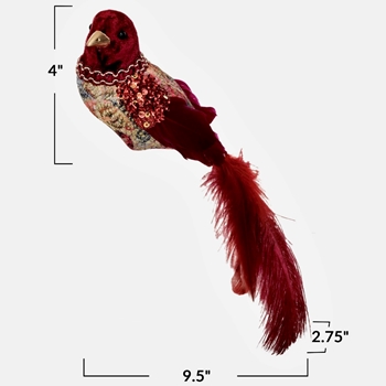 Bird - Tapestry Beads, Velvet & Feathers Clip 9in