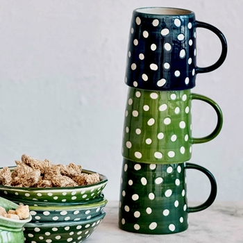 Mug - Green Dots Asst Greens 4in 14oz Ceramic