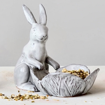 *Bowl - Rabbit with Leaf Dish White Ceramic 2pc set 9x6x8in