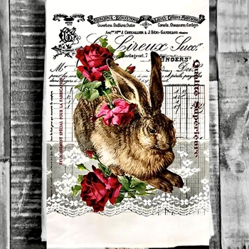 Tea Towel -  French Bunny Red Roses Flour Sack 27in SQ