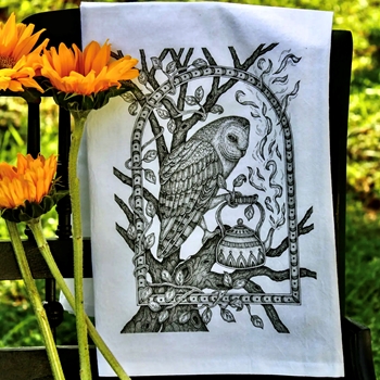 Tea Towel - M. Myrick Owl Tea Time Flour Sack 28in SQ