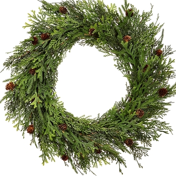 EVW - Wreath - Cedar Brown Mini Cones  Soft 24in Green - YWP762-GR/BR