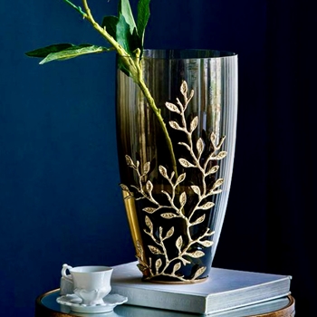 *Vase - Capri Olive Glass with Gold Metal Leaf Cage 9x16in