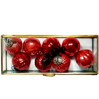 Kugel - 2in Red Set of 8 in Glass & Brass Box 10x4x3in