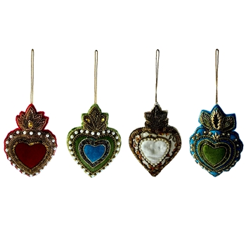 Ornament - Velvet Jewelled Milagro Heart Ast4  5.5in  Sold Individually