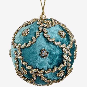 Ornament - Globe Turquoise Velvet Gem Embroidery 4in XM5414-TQ