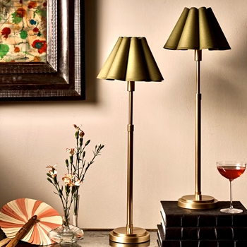 Lamp Table - Polly Olive Scalloped Shade  Natural Brass Column 10W/27H