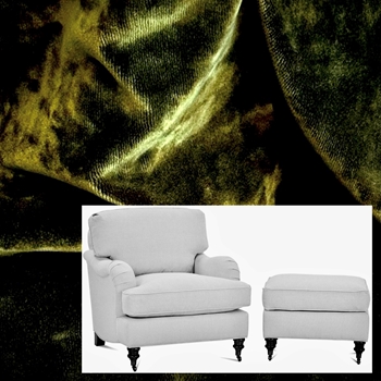 Robin Bruce - Brooke Armchair Moss 31W/37D/35H. 100 % Polyester Velvet, 100K DR, Grade CC, Antique Black Turned Legs, Antique Brass Castors.