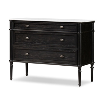 Dresser Chest - Toulouse 3 Draw Distressed Black White Marble Top - Oak Solids & Veneers 47W/22D/36H