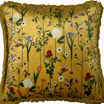 Cushion - Fleura Velvet Ochre Fringed 20SQ - Feather Rich Insert