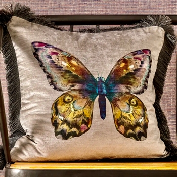 Cushion - Lenoret Butterfly Jewel/Taupe Velvet Fringed 20SQ - Feather Rich Insert
